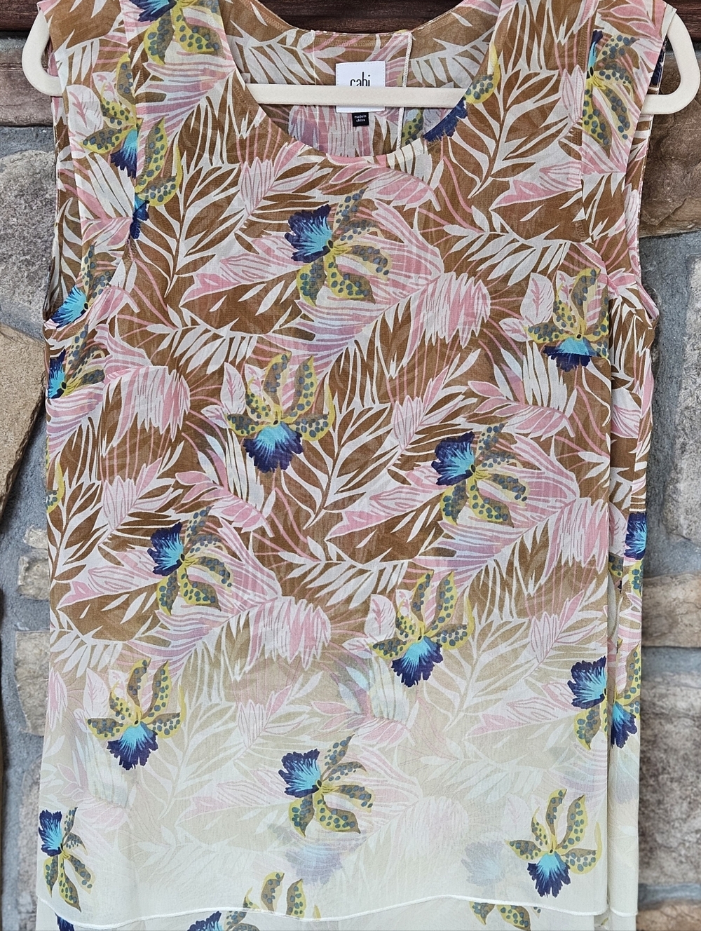 Cali Floral Print Layered Sheer Top- Pink, Brown & Blue Beautiful Feminine Sz M